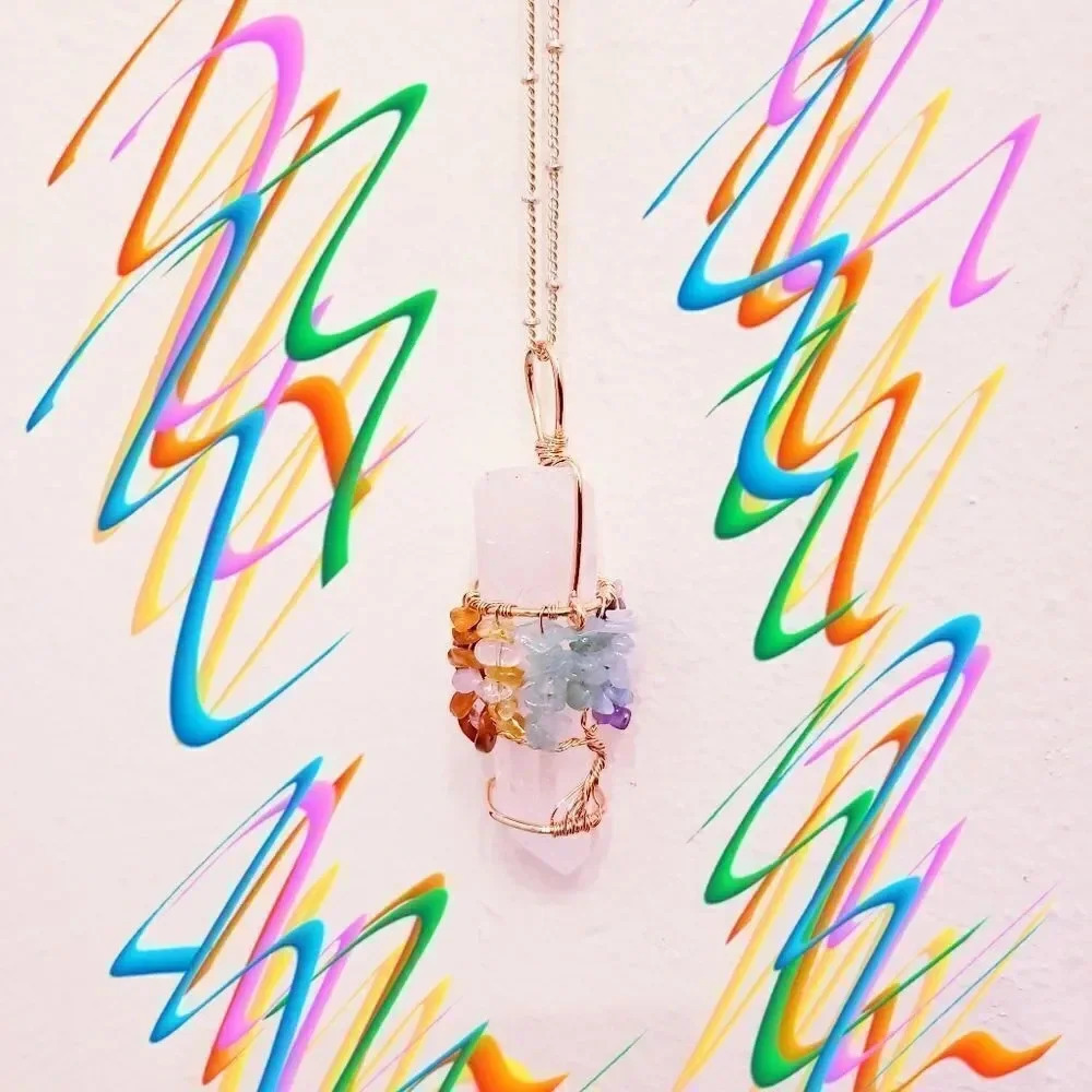 NWOT 7 Chakra on Quartz Tree of Life Necklace 14K Rose Gold Plated Reiki Energy